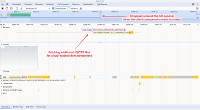 Fetching additional JavaScript and CSS files for a lazy-loaded Client Component, as shown in developer tools.