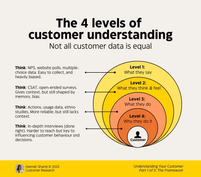 A diagram titled Understanding Customers: Four levels of customer understanding, showing four nested pink circles, each representing a level of understanding, with descriptions beside. From outermost to innermost: Level 1 (What they say), Level 2 (What they think or feel), Level 3 (What they do), and Level 4 (Why they do it).