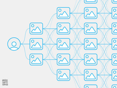 An illustration by Maximillian Piras displays an icon of a user that is connected to three icons representing media files. Each of these media files is then connected to many more media files, which then are recursively linked to many others. This linking of media files continues until the icons are cropped by the edge of the canvas