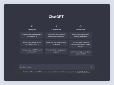 The empty state for ChatGPT displays three columns of text above the input field. The columns are titled “Examples”, “Capabilities”, & “Limitations”. Within each column, there are three rows of text blocks, all displayed in the same font size, color, & weight