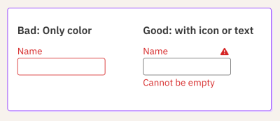 Visual comparison side-by-side. Right-side: Using only color. Left-side: Using also an icon and text.