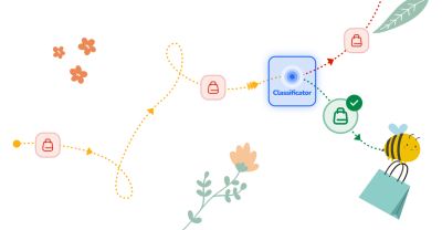 Illustration of a purchase prediction based on mouse dynamics represented with a bee making some movements and in the end making a purchase