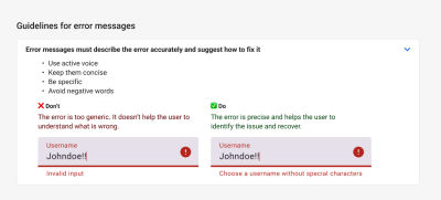 Guideline to write error messages that describe the error accurately and suggest how to fix it. It includes recommendations around copywriting, a realistic example of a bad and improved error message, and an explanation of the issue and the remmediation.