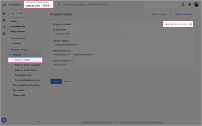 A screenshot of the Google Analytics account with the highlighted PROPERTY ID