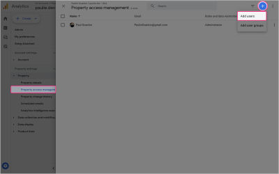 A screenshot of the Google Analytics account with the highlighted Property access management