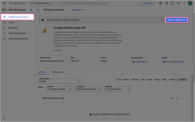 Google Cloud console with the highlighted CREATE CREDENTIALS button