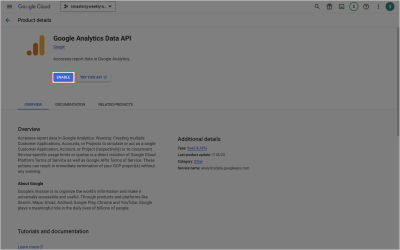 Google Cloud console with the highlighted Google analytics data API