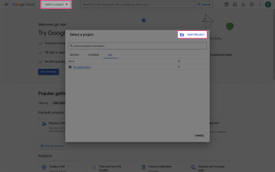 Google Cloud console with the highlighted dropdown menu Select a project and a New Project button