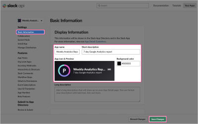 Slack app configuration with the basic information tab