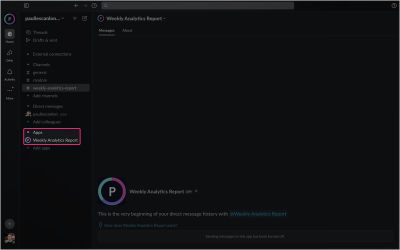 A screenshot from Slack with the highlighted Weekly Analytics report
