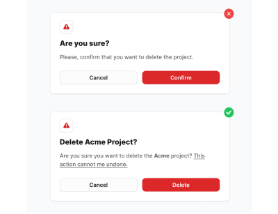 Comparison of two modal dialogs for confirming a dangerous action.