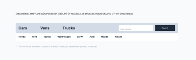 Types of organisms according to the Atomic design approach. Example: A two-level menu bar consists of a search box (molecule), grouped labels/links (molecules)