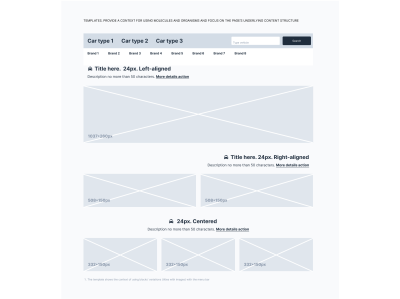 An example of a template according to the Atomic design approach. Example: A template shows the context for using block variations (titles with images) with a menu bar