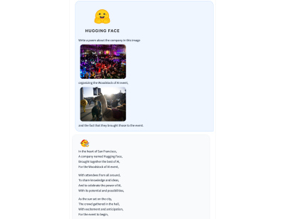 Hugging Face logo above a user prompt to write a poem based on two provided image files and the generated poem displayed below