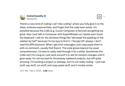 Screenshot of Andrej Karpathy's tweet defining Vibe Coding.
