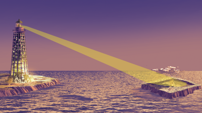 Detailed illustration of a light tower beaming light on an island