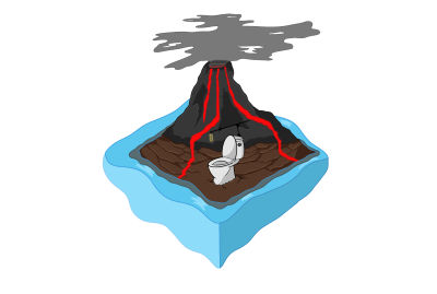 Cartoon illustration of an island with a volcano dripping lava into an ocean