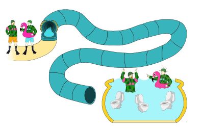 Illustration of two army men going down a waterslide into a pool