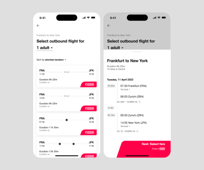 Left: Flight table with reloading prices. Right: Flight connection details with reloading prices