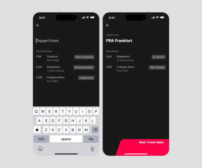 Left: Departure recommendation based on geolocation. Right: Departure alternatives based on geolocation