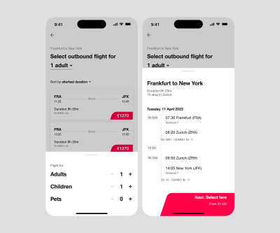 Left: Flight search adjustments. Right: Flight connection details