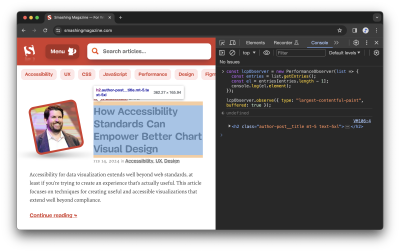 Open Chrome window showing the LCP results in the DevTools console while highlighting the result on the Smashing Magazine homepage.