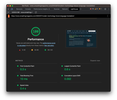 Chrome’s DevTools includes Google Lighthouse features for measuring Web Core Vitals.