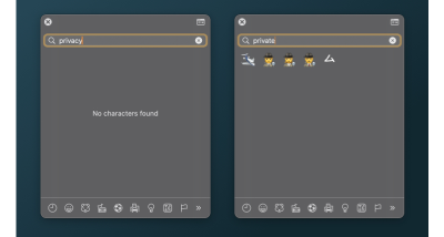 Two MacOS contextual menus for emoji with search results for privacy and private