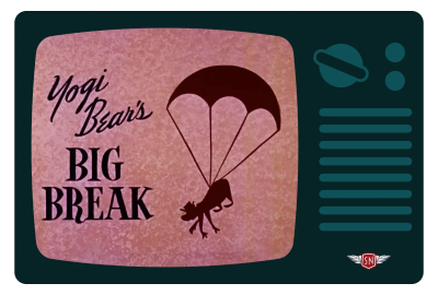 The Yogi Bear Show illustration shows Yogi floating from the sky under a parachute