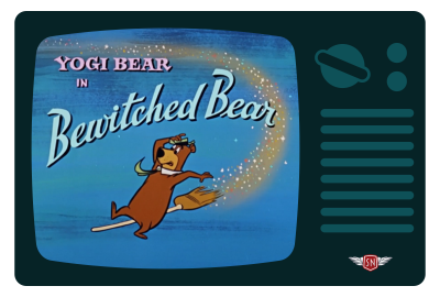 An illustration from the “Bewitched Bear” episode of The Yogi Bear Show where bear is on a witch’s broom