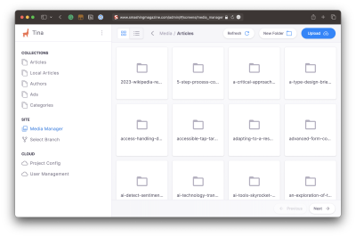 A screenshot of the Tina media manager layout with articles folders