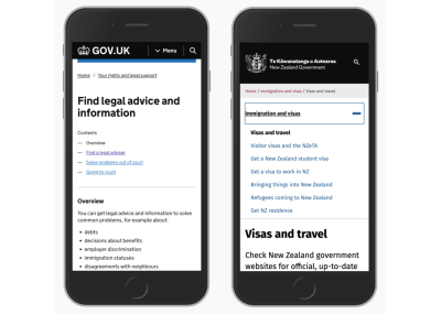 Tables des matières affichées sur les sites Web du gouvernement britannique et du gouvernement néo-zélandais