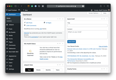 WordPress administrative dashboard with two columns of widgets displaying site activity.