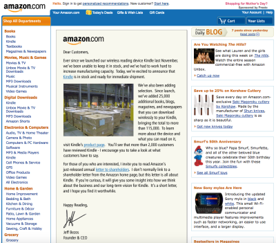 The Amazon homepage with the Kindle ad displayed on it.