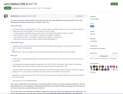 GitHub Issue #4770 in the W3C repo, titled Let’s Define CSS 4