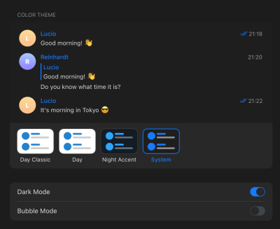 An example of how Telegram’s “System” mode looks like (fewer borders, more shades)