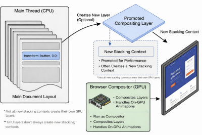 Diagram illustrating the main document layout with an applied transform that creates a new stacking context, which in turn, runs on the GPU to handle the transformation. It indicates that a new stacking context is promoted for performance.