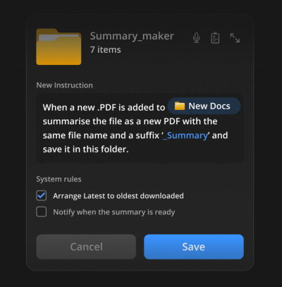 A dark-themed software interface showing a file management setup for summarizing PDFs. It displays instructions and system rules.