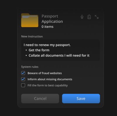 A dark-themed digital interface showing a folder labeled Passport Application, with instructions and system rules for a passport renewal process.