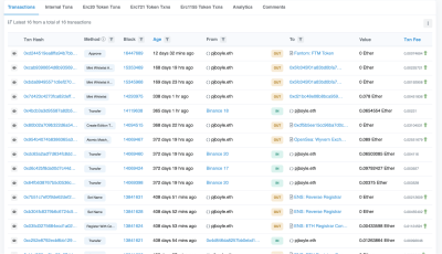 A list of transactions at the Etherscan