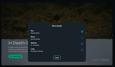 A screenshot with a modal, where you can choose a story length: any, short, medium or long