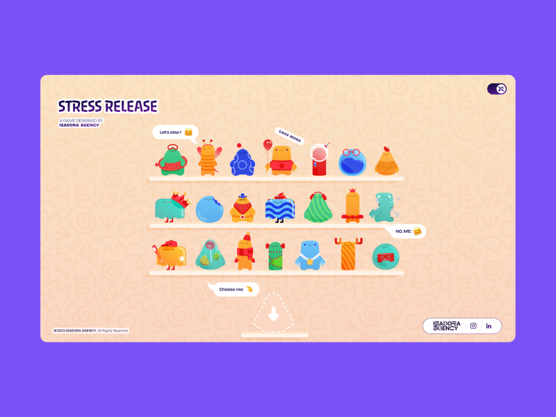 A browser-based game interface displaying a shelf of colorful animated stress-relief characters with playful speech bubbles and a soft pastel UI.
