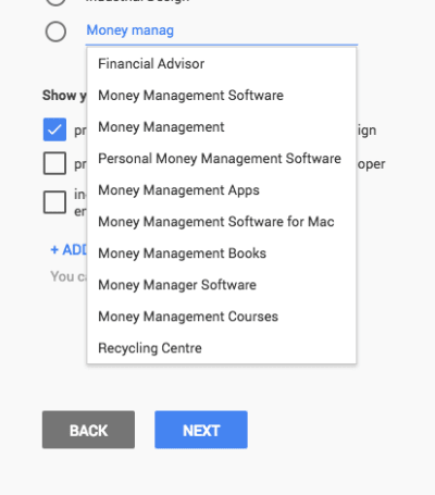 Google’s Keyword Planner shows the suggested terms to target.