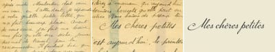 Three images showing original letter written by WWII French forced laborer Marcel Heuzé, a close-up of the greeting “Mes chères petites,” and the font P22 Marcel Script based on the handwriting sample shown.