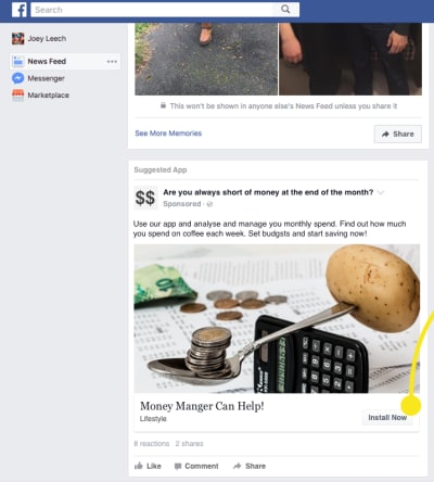 An example showing how easy it is to create a Facebook ad prototype interaction.