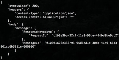 The return response from our serverless function, containing the SES.sendEmail return response in the body.