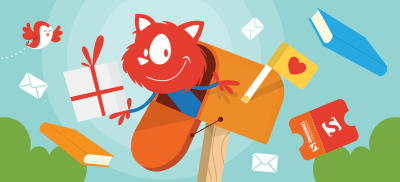 Topple the Cat popping out of a mailbox with letters flying out along with tickets and books while a little orange-white bird flies to the left