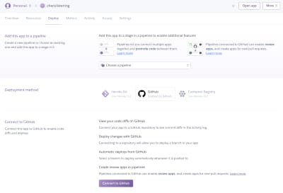 Github selected on a screenshot of the dashboard area of Heroku