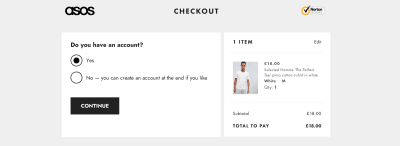 New design of ASOS page using radio buttons to let users choose whether they have an account or not