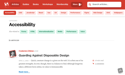 A screengrab of the Smashing Accessibilit category page made on April 15, 2021